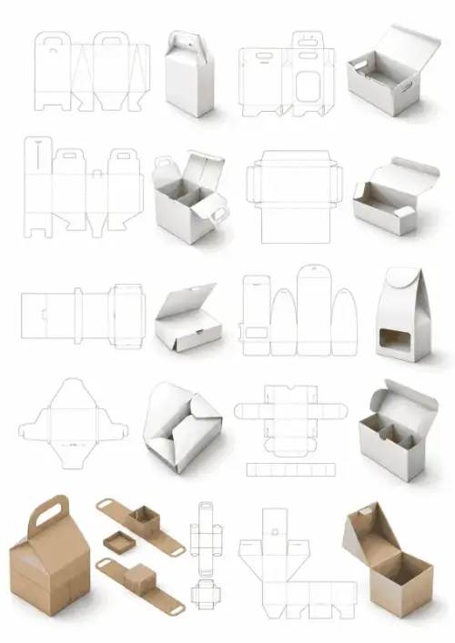 Lámina técnica con diez moldes planos y cajas armadas: cajas con asa, mailer articulado, cajas con divisiones y carrier de kraft