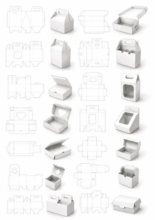 Lámina técnica con catorce moldes planos y cajas armadas: cajas con asa, tapa articulada, ventana en corazón y estrella y portabotellas