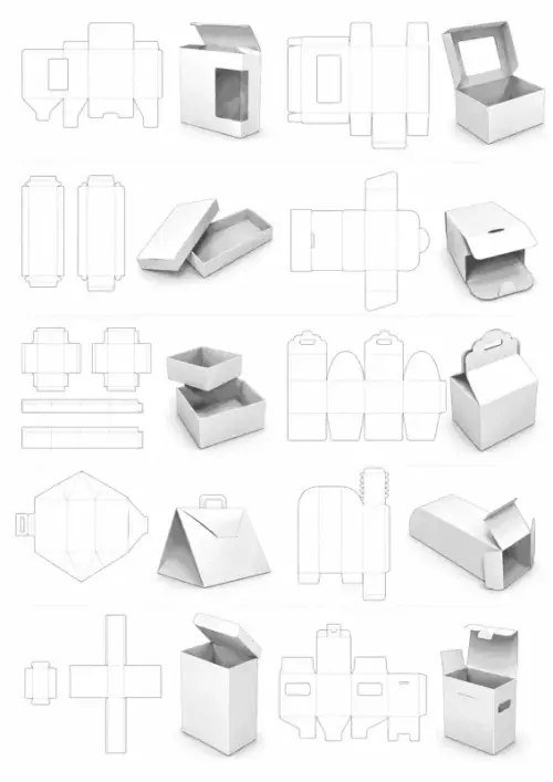 Lámina técnica con diez moldes planos y cajas armadas: caja exhibidora con ventana, caja de dos piezas, caja purse triangular y caja con asa