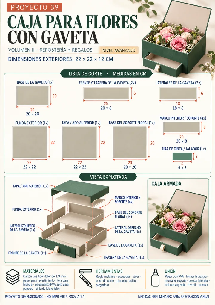 Lámina técnica de caja para flores con gaveta: lista de corte, vista explotada y caja armada